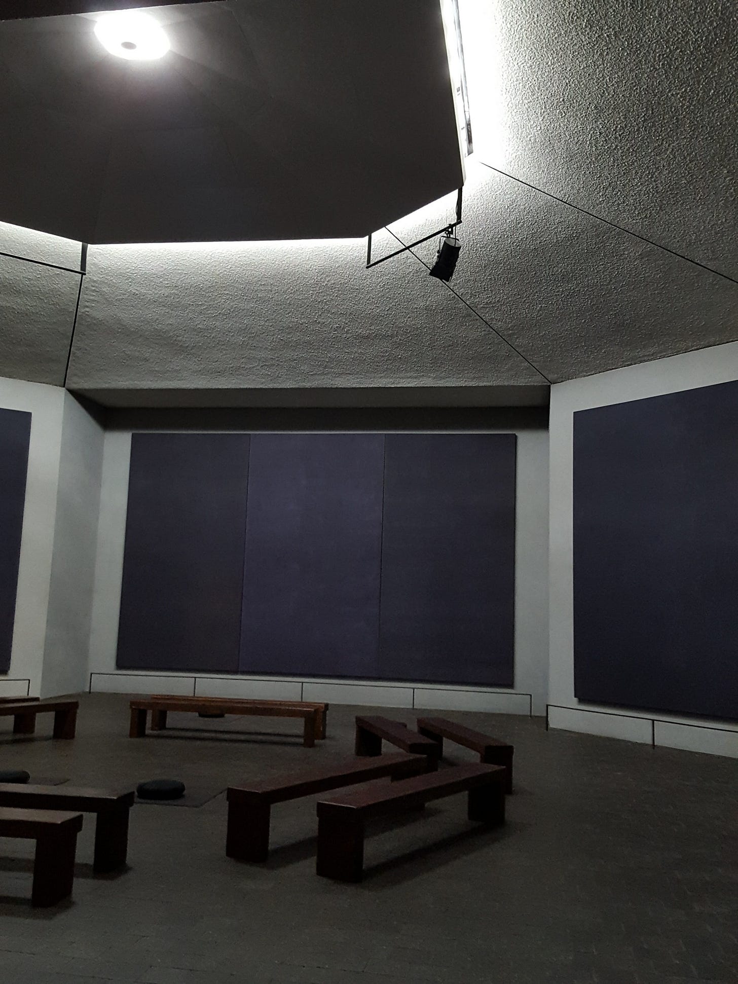 Interior of the Rothko Chapel in Houston, showing the dark meditative canvases lining the octagonal room Interior of the Rothko Chapel in Houston, showing the dark meditative canvases lining the octagonal room