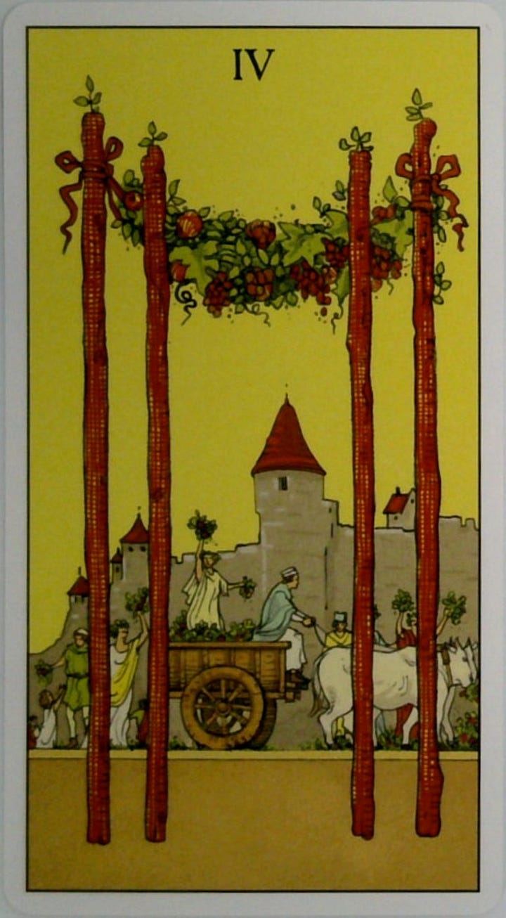 The Four of Wands tarot card and the What Is Meant for You Will Find You oracle card.
