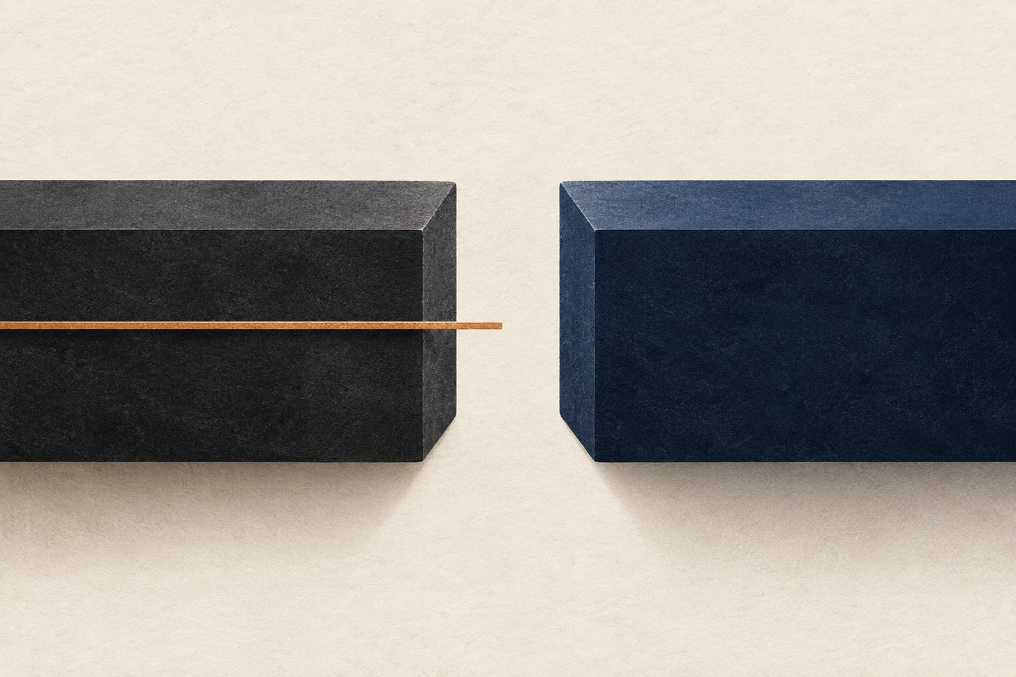 Abstract charcoal and navy blocks separated by a gap, with a copper line stopping short of the right block.