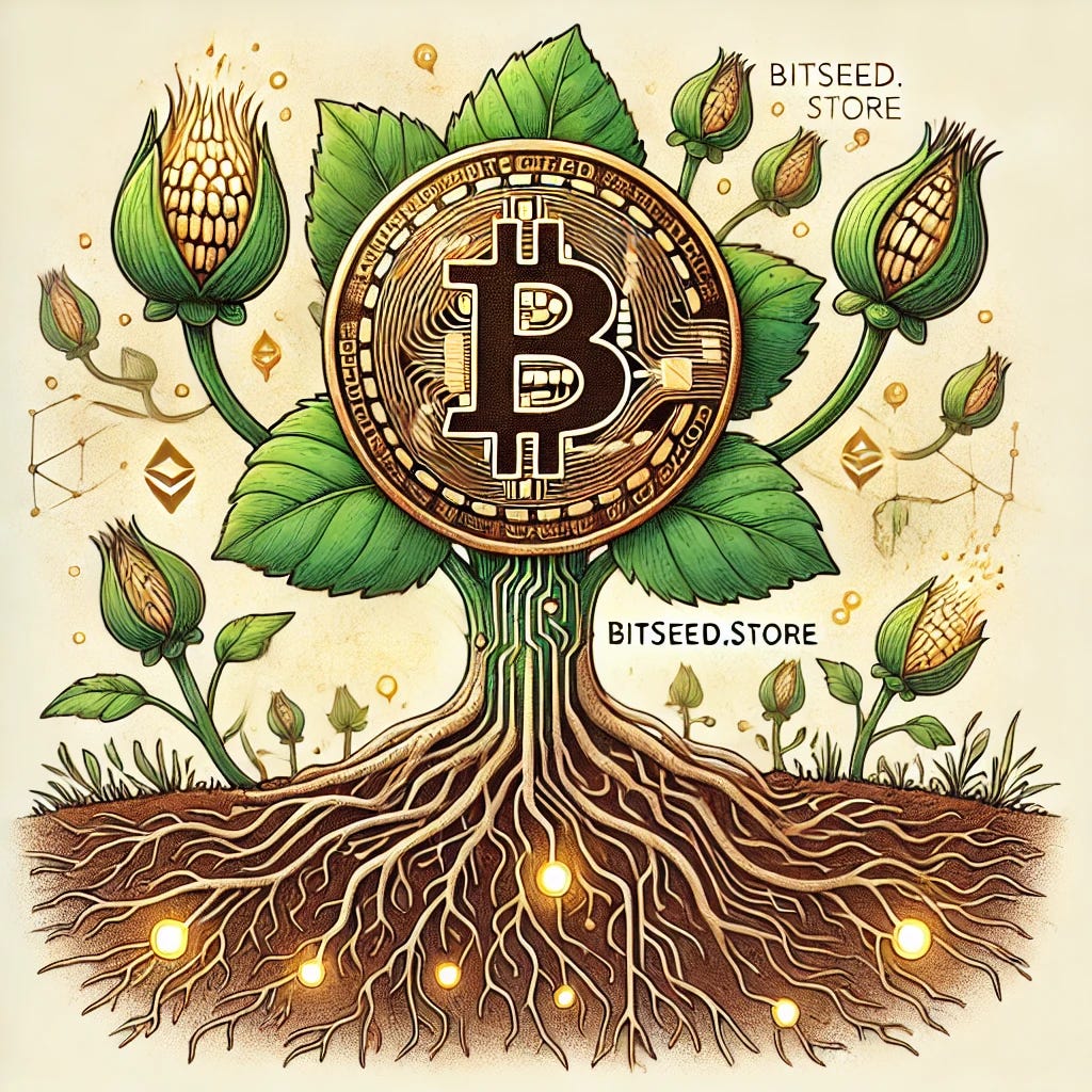 A hand-drawn, organic-style illustration representing Bitseed.store. The image features a golden Bitcoin symbol with intricate root-like circuits growing downward into the earth, merging with a network of real plant roots. Above, a lush green plant with open seed pods is flourishing, symbolizing decentralized seed sovereignty. Around the plant, small glowing nodes represent a decentralized marketplace, with subtle Lightning bolts in the background to signify Bitcoin’s Lightning Network. The overall aesthetic is earthy, natural, and inviting, with warm tones and soft shading.