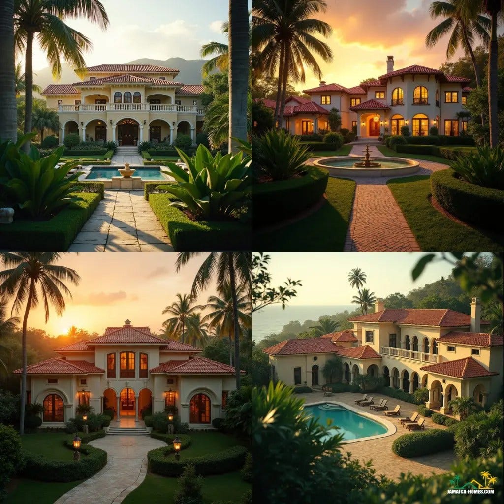 A majestic Mediterranean Revival estate in Jamaica, with stucco walls, terra cotta red-tiled roofs, and arched windows, set amidst lush tropical gardens