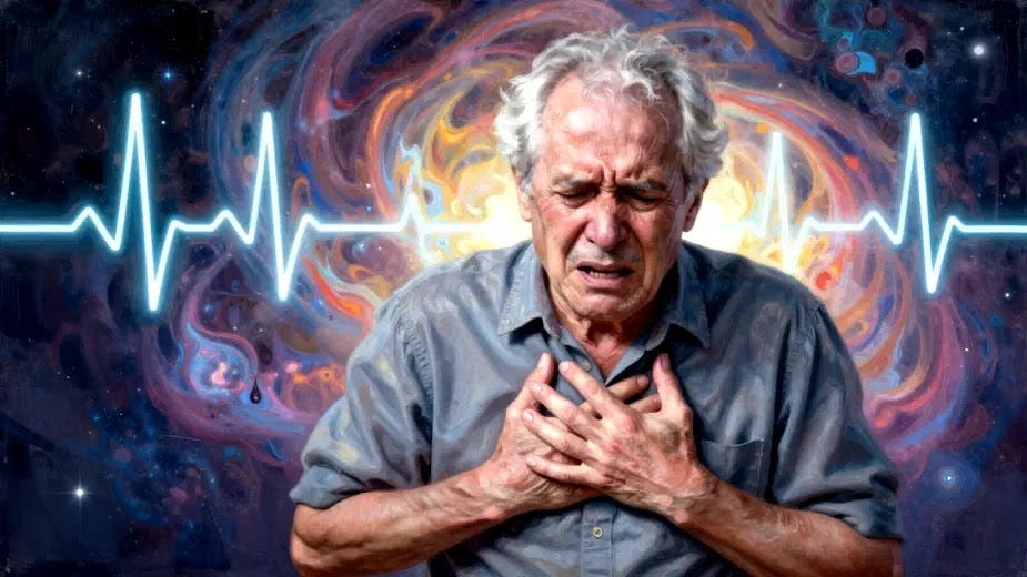 A cardiovascular event (Heart Attack) An illustration representing a cardiovascular event an older person grabbing their chest grimacing in pain. The background is a series of EKG signals.