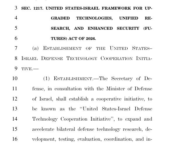 Screenshot from the text of Section 1217: United States-Israel FUTUREs Act. Screenshot from the text of Section 1217: United States-Israel FUTUREs Act.