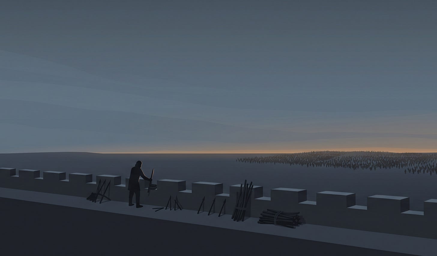 A lone defender calmly assembling equipment along a fortified rampart at pre-dawn while a faint mass of attackers gathers on the distant horizon, illustrating the window to build defensive AI agents during the lull before automated attacks arrive.