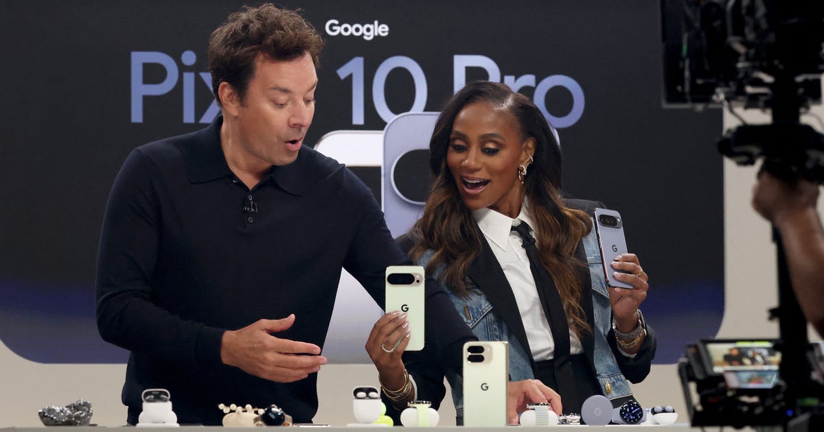 Jimmy Fallon (left) and Adrienne Lofton at Made by Google presenting the Pixel 10