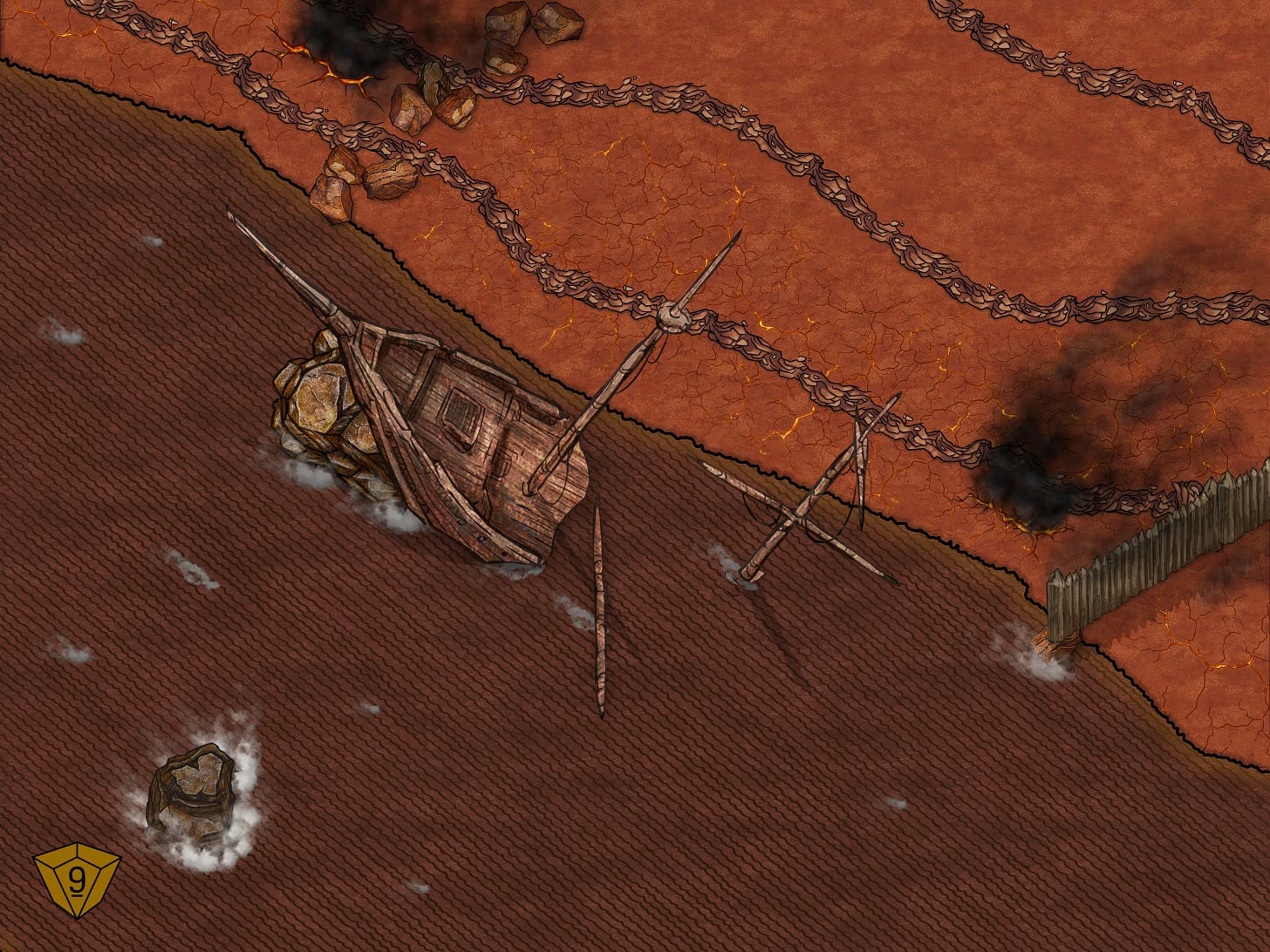 A battlemap with a shipwreck up against a rock next to a hellish landscape.