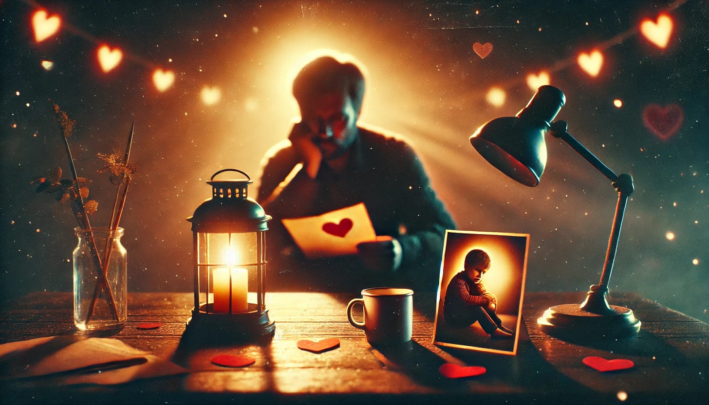 A cinematic-style banner image featuring a solitary father sitting at a dimly lit table, holding a letter with a distant, heartbroken expression. A small, blurred photo of a child is beside him, symbolizing longing and separation. The warm glow of a candle provides a contrast to the loneliness, emphasizing both love and loss on Valentine's Day. The atmosphere is melancholic yet hopeful.