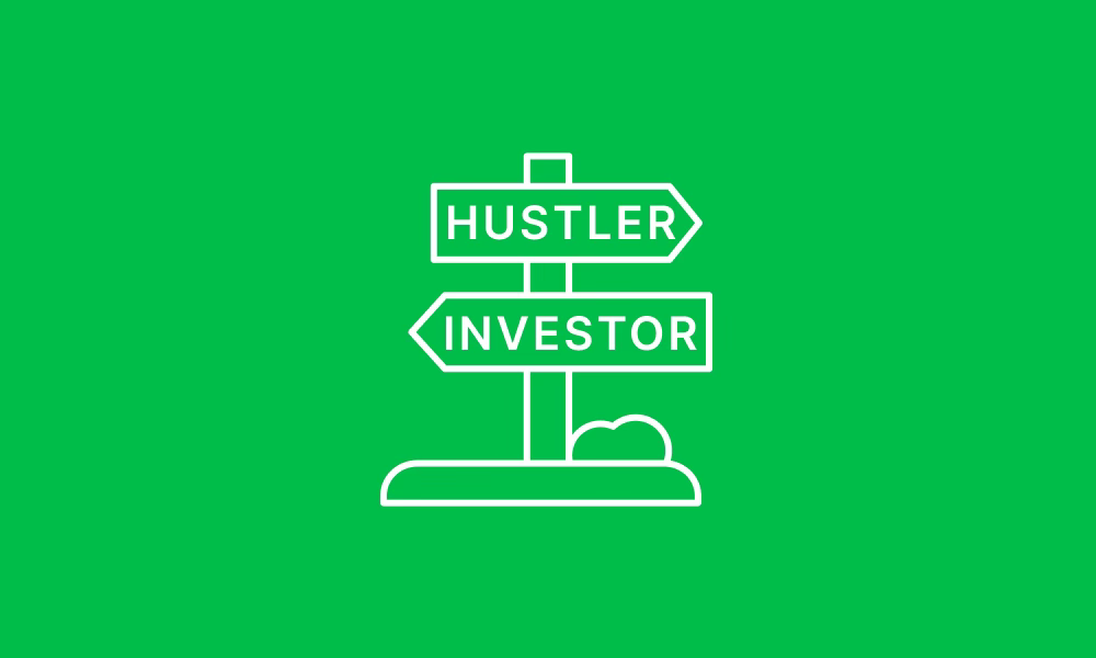 Illustration of a sign posts with the words, "hustler" and "investor"