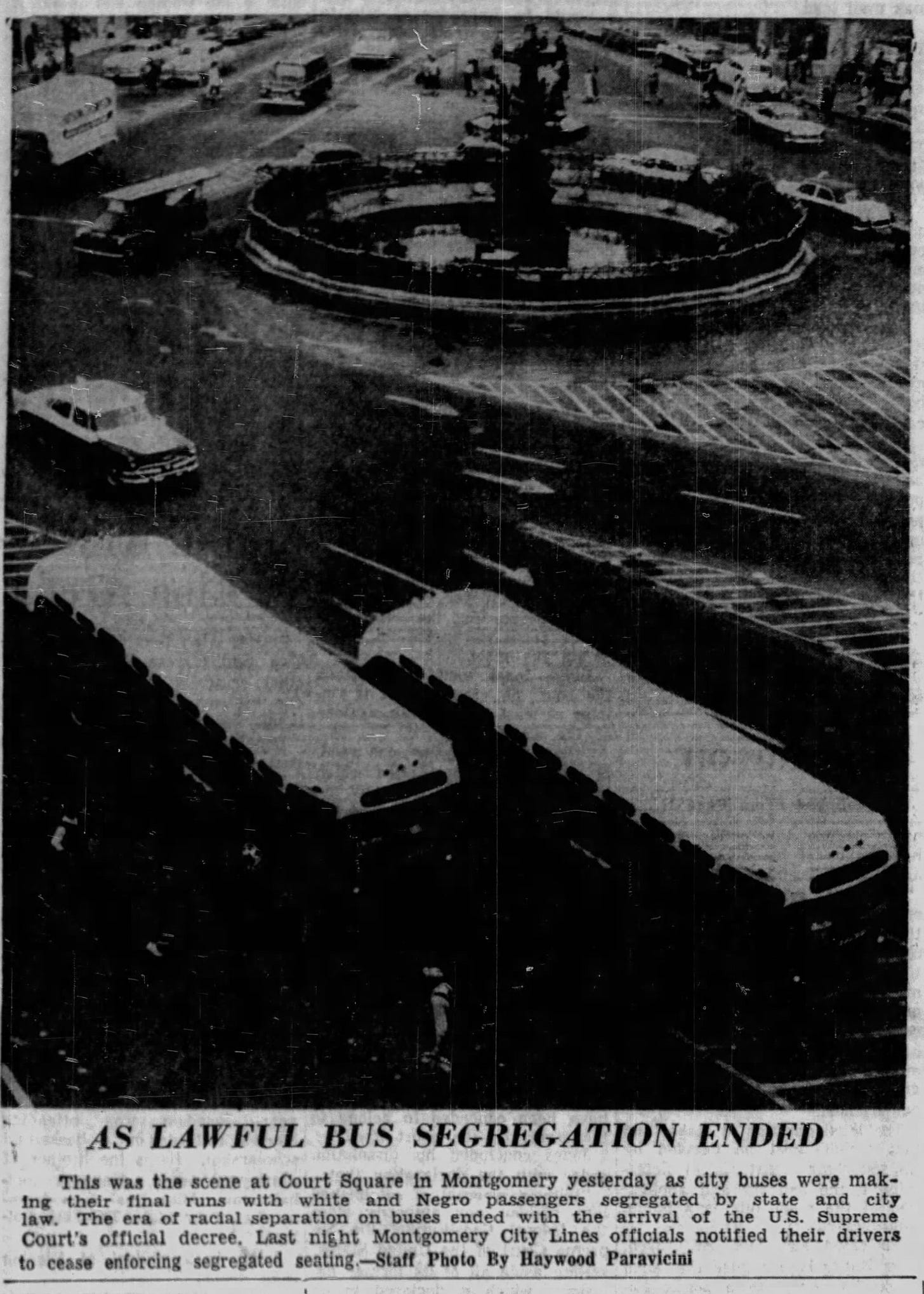 Court Square on the final day of segregated city buses in Montgomery before the U.S. Supreme Court’s desegregation order took effect. Court Square on the final day of segregated city buses in Montgomery before the U.S. Supreme Court’s desegregation order took effect.