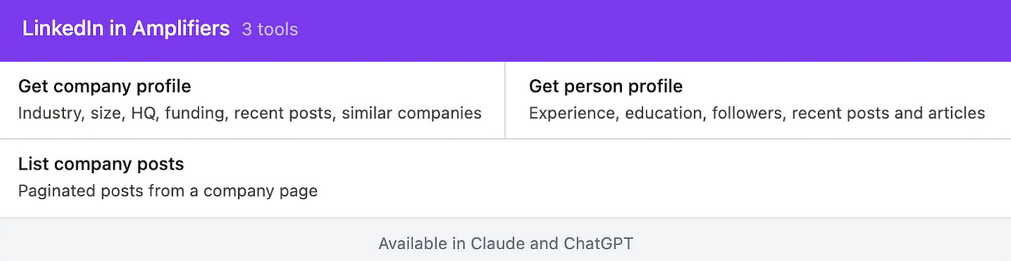 Grid showing three LinkedIn research tools available in Amplifiers: get company profile, get person profile, and list company posts.