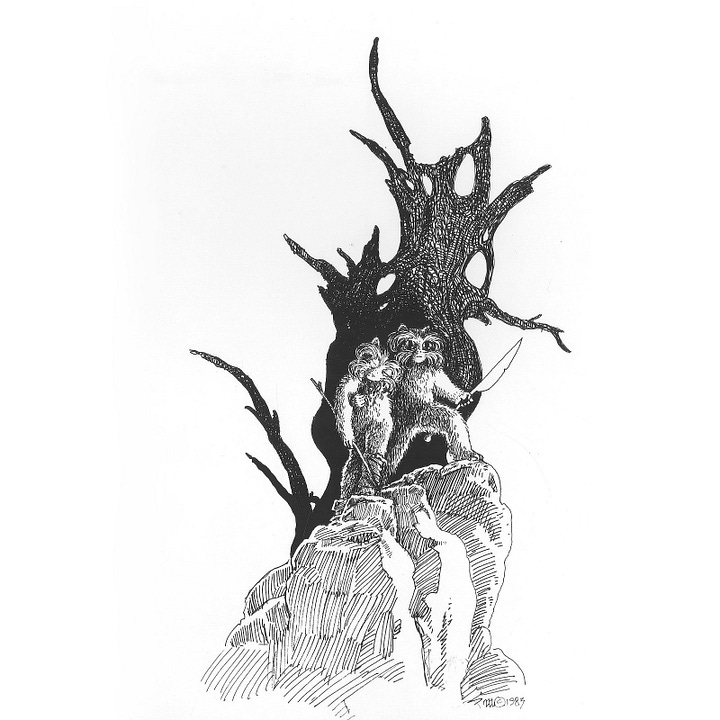 LEFT: Pen and ink study for FUZZY FIRE featuring a big eyed furry alien in a stoic pose as it props up a comrade. It grips a spear in one hand as it looks off a rocky ridge. A crosshatched tree trunk provides contrast in the background. RIGHT: Pen and ink study for FUZZY FIRE featuring a furry alien in distress stretched over a boulder. A companion wielding a spear leans over it protectively planting one arm on the rock. It stares off panel left as birds can be seen in the distance gliding above.