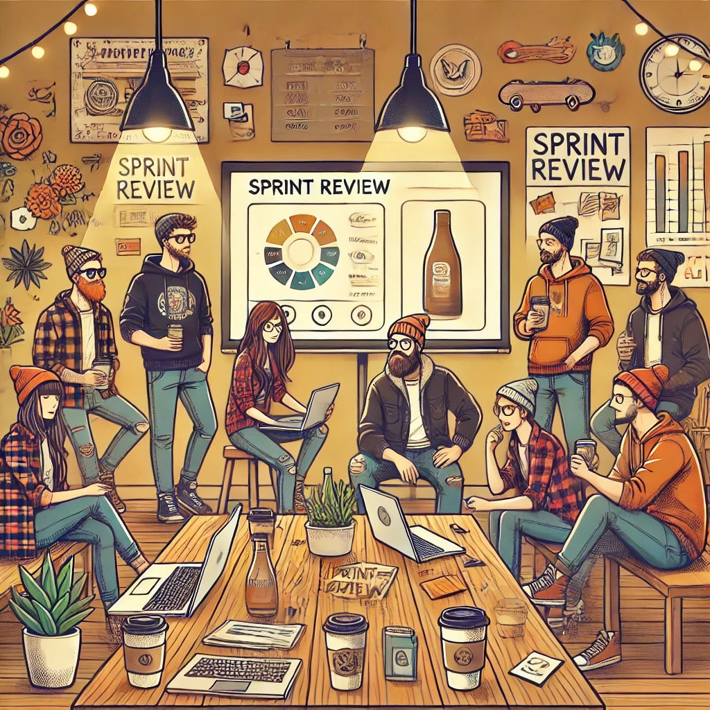 A hipster-style illustration of a team in a modern office space during a Sprint Review. The scene includes casual clothing, beanies, coffee cups, laptops with stickers, and plants. Team members are gathered around a screen showing a digital product demo. The vibe is relaxed yet focused. There are sticky notes, charts, and a sense of creativity in the air. The aesthetic includes warm tones, natural lighting, and quirky decor typical of a trendy co-working space.