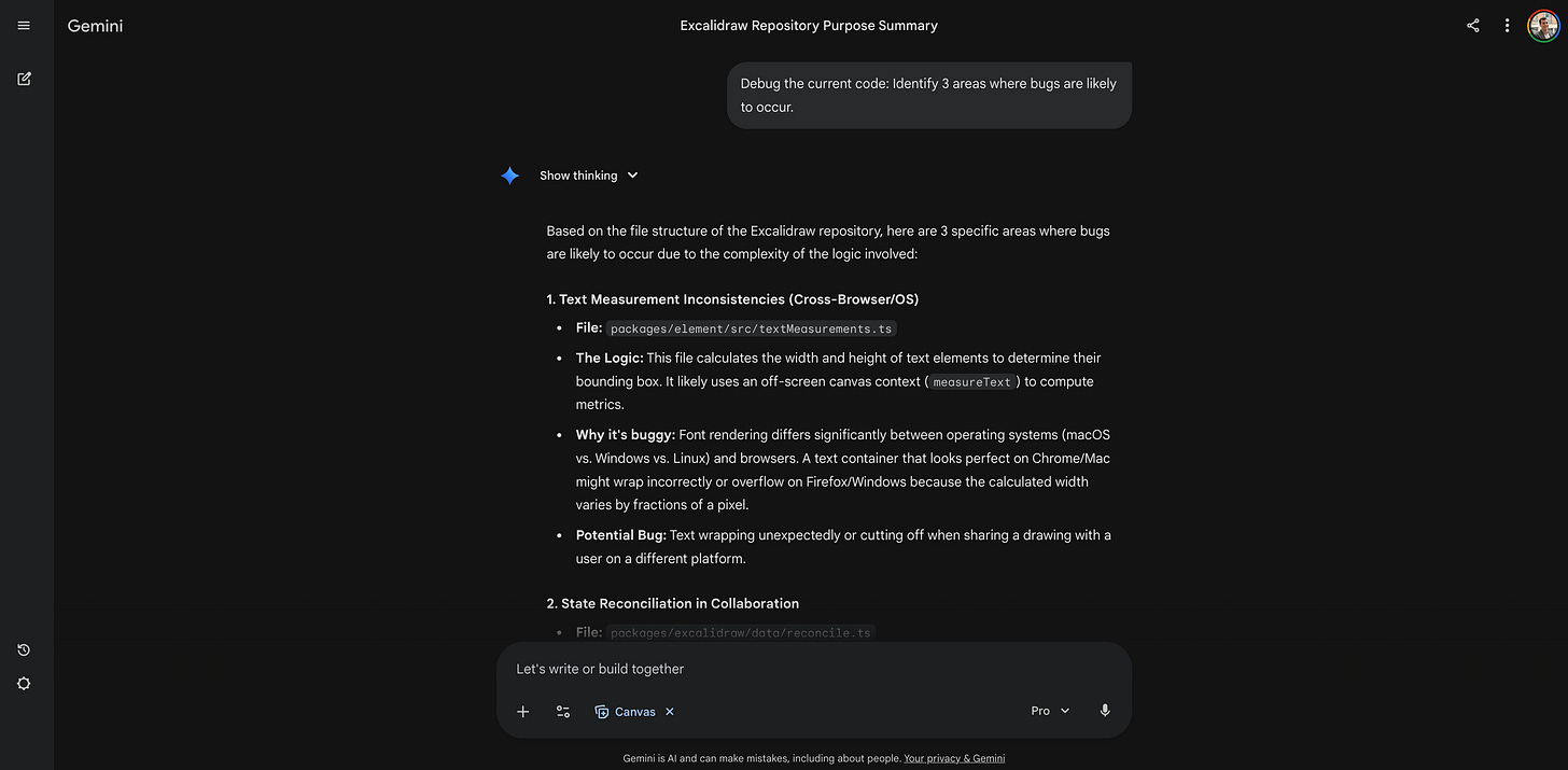 Screenshot of a Gemini response analyzing the file structure to pinpoint specific areas where technical bugs are likely to occur.