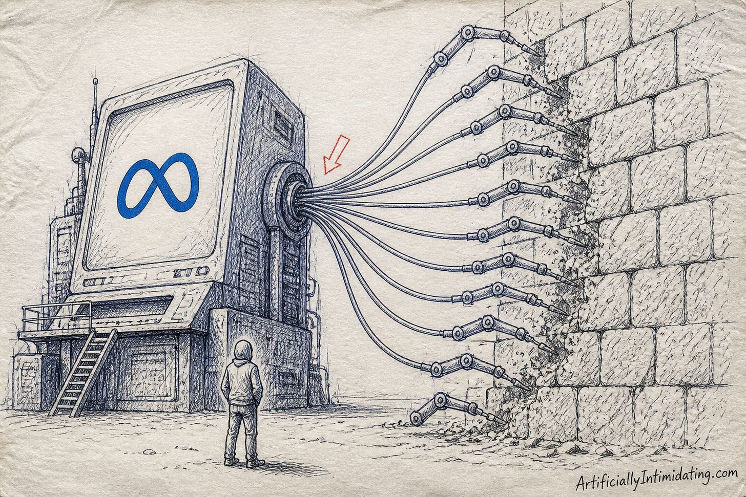 Hand-drawn editorial cartoon: a giant terminal machine bearing the Meta logo fans a dozen robotic arms out of a single port, each arm chiseling its own block of an enormous stone codebase wall, watched by one small hooded engineer.