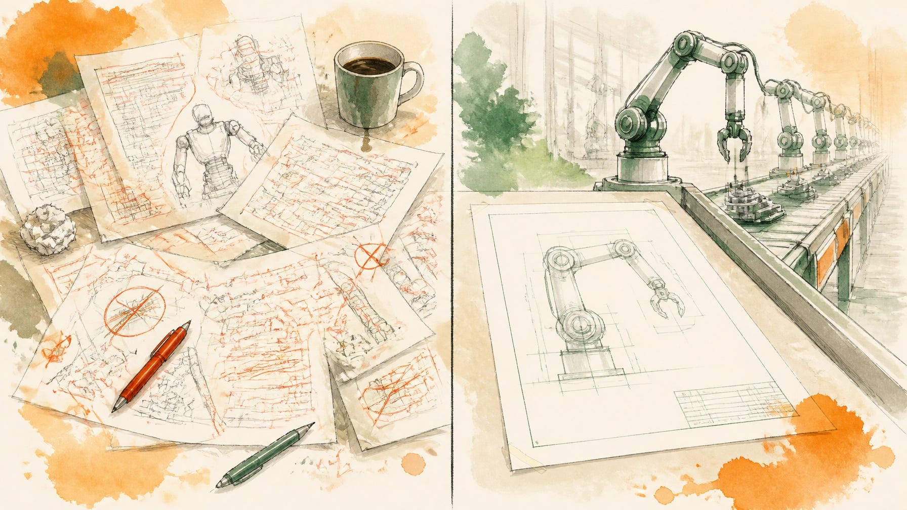 Two panels contrasting human-in-the-loop styles: editing finished AI outputs at the end versus editing the plan upfront.