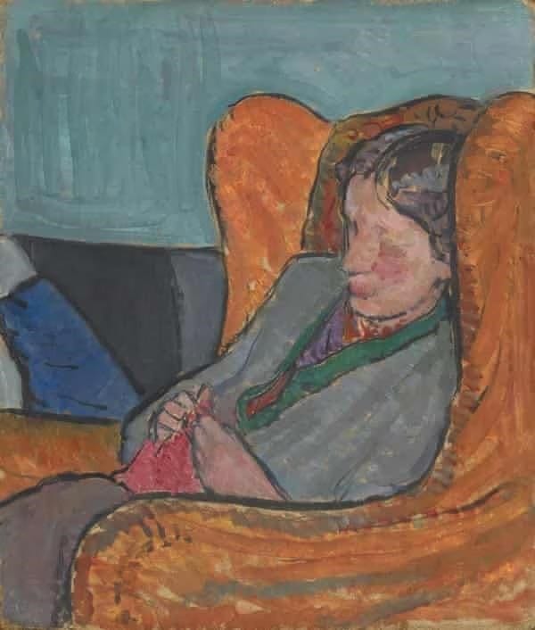 Na pintura, Virginia Woolf está sentada em uma poltrona. Os traços são meio difusos e não há detalhes na expressão dela.