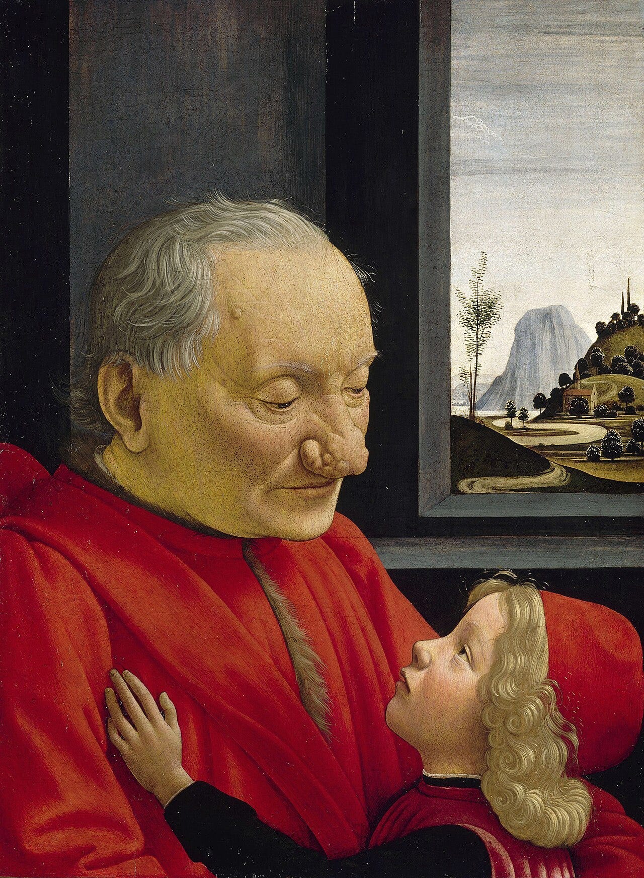 An old man with a diseased bulbous nose gazes lovingly at a small golden haired boy An old man with a diseased bulbous nose gazes lovingly at a small golden haired boy