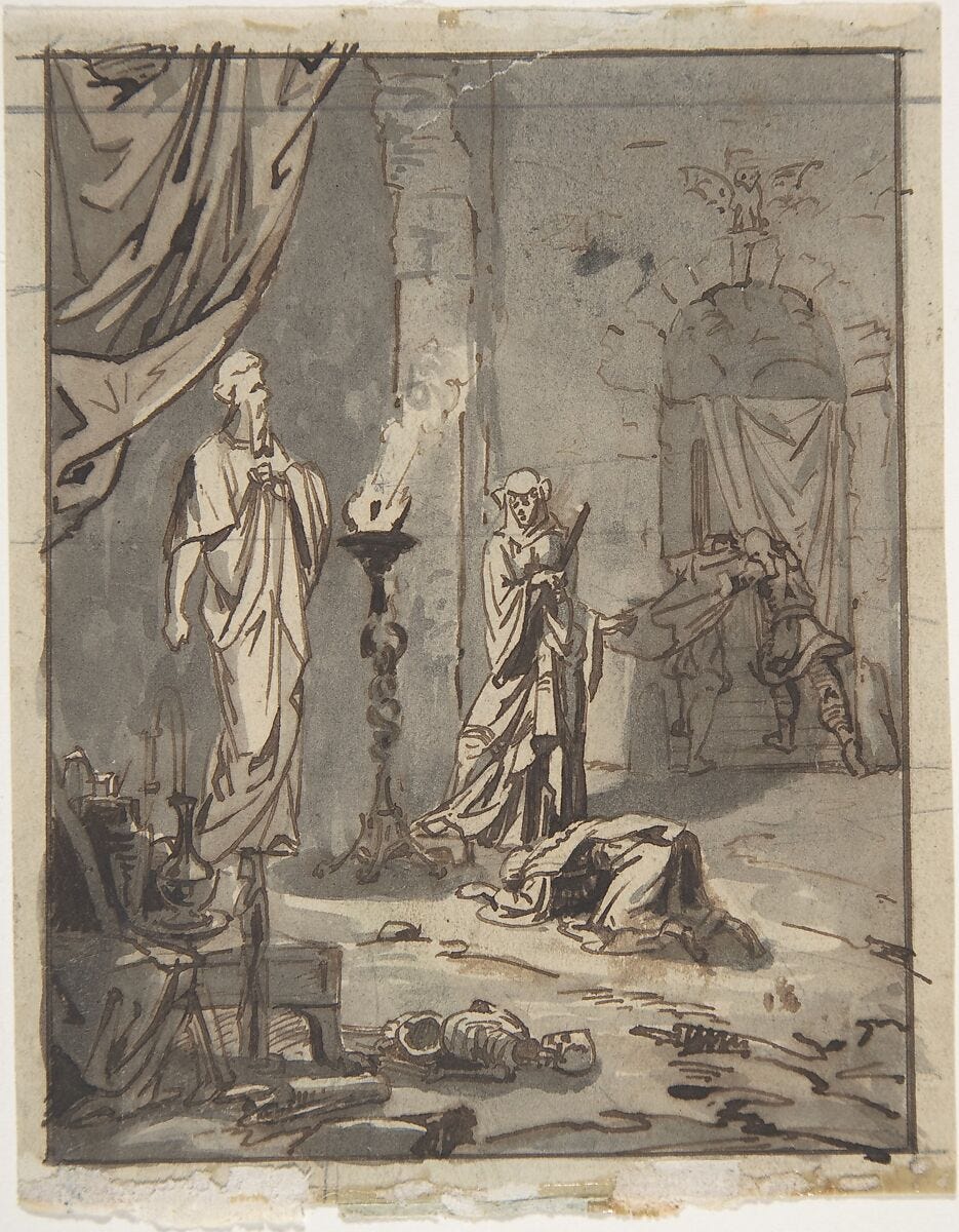 Witch of Endor, Ary Scheffer (Dutch, Dordrecht 1795–1858 Argenteuil (active France)), Pen and brown ink, brush and gray wash, graphite Witch of Endor, Ary Scheffer (Dutch, Dordrecht 1795–1858 Argenteuil (active France)), Pen and brown ink, brush and gray wash, graphite