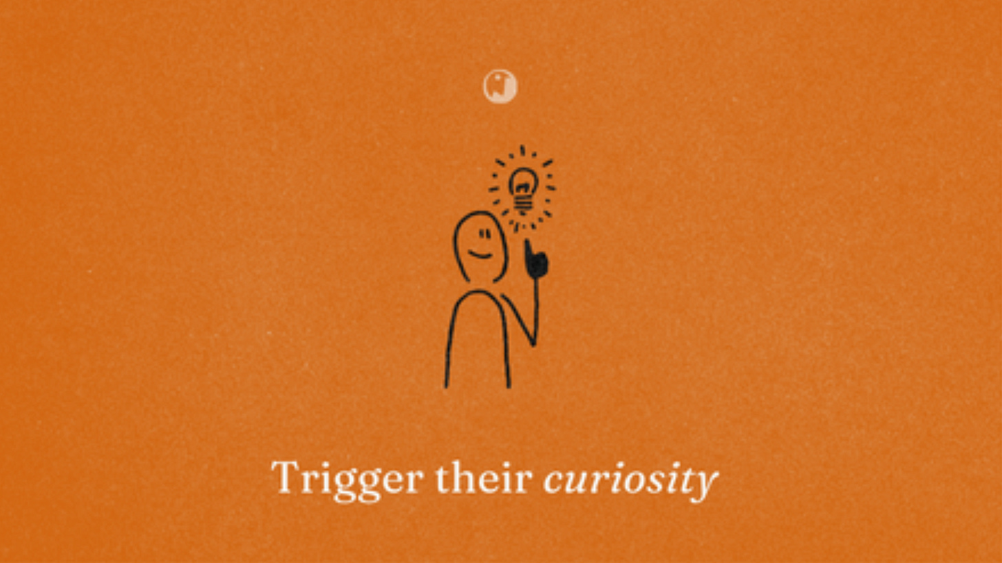 A minimalist illustration of a stick figure with a light bulb idea on an orange background with text.