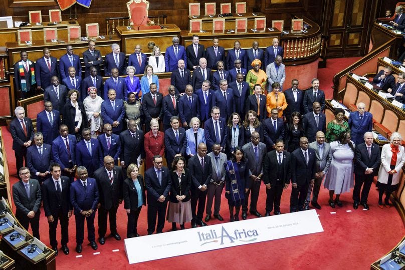 Italian Premier Giorgia Meloni, top centre, poses with African leaders and dignitaries at the Senate for the start of an Italy - Africa summit, in Rome, December 2023 Italian Premier Giorgia Meloni, top centre, poses with African leaders and dignitaries at the Senate for the start of an Italy - Africa summit, in Rome, December 2023