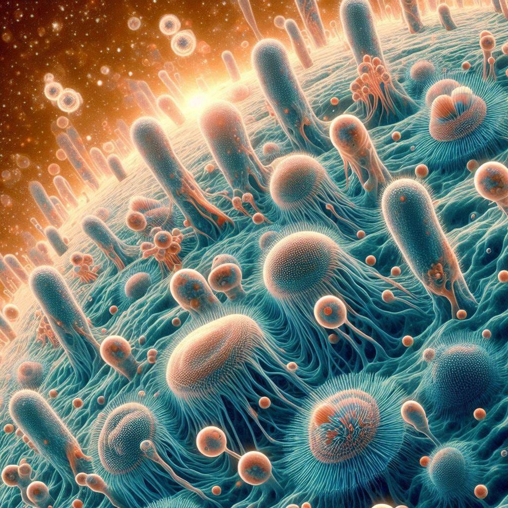 a microscopic view of bacteria producing sunscreen on skin, 60s sci-fi drawing