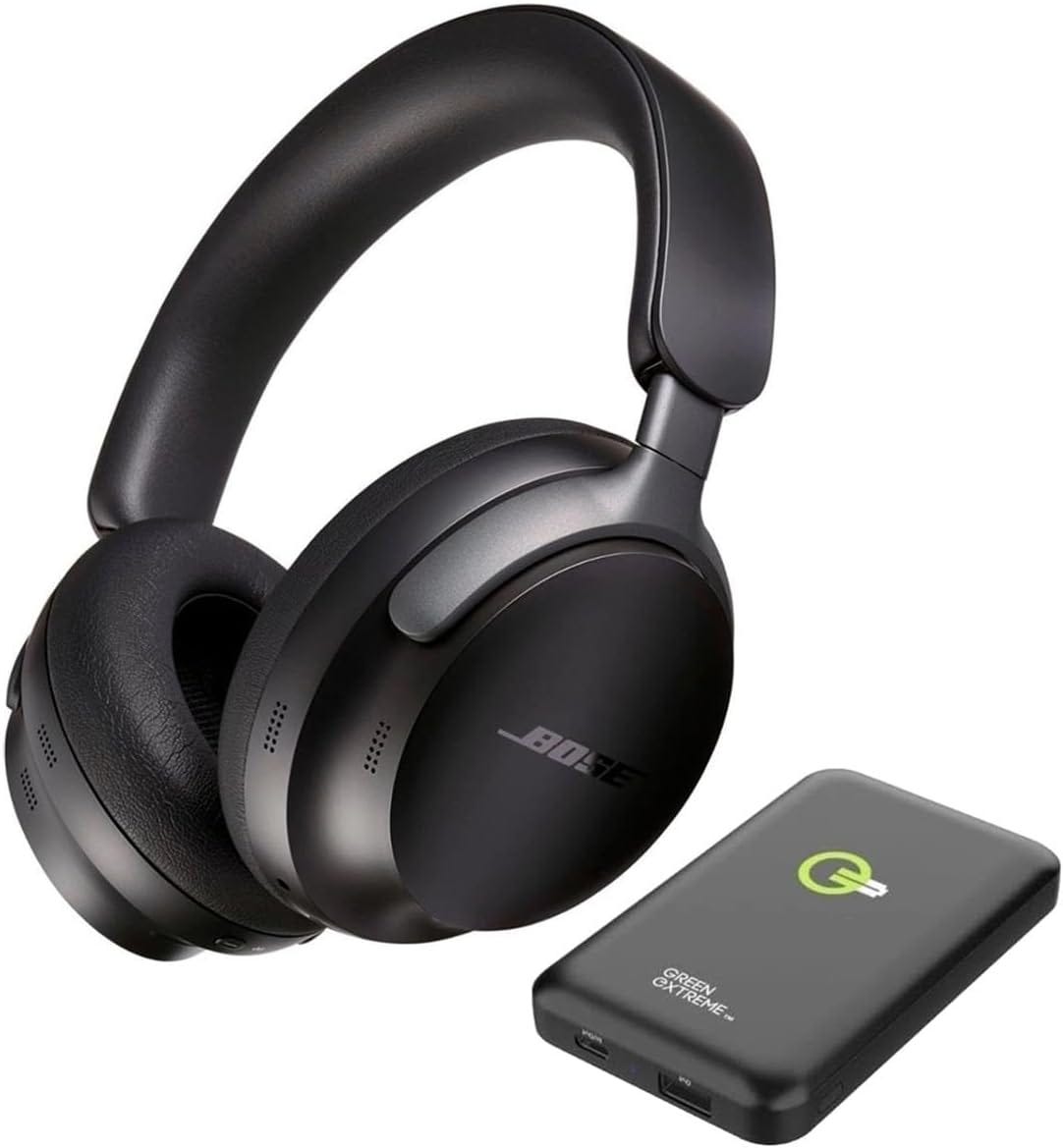 Bose QuietComfort Ultra Wireless Noise Cancelling Headphones in black with over-ear design and padded headband. The image shows the headphones alongside a Green Extreme portable battery pack/charger with a glowing green 'Q' logo, highlighting the headphones' wireless capabilities and extended usage potential. The headphones feature Bose's signature minimalist styling with subtle branding on the ear cups.