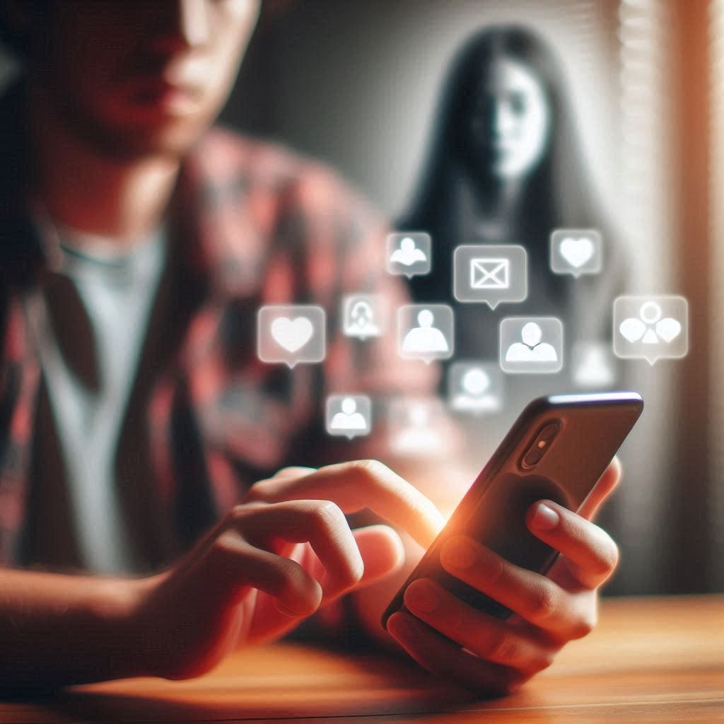 una persona viendo el teléfono en primer plano mostrando alguna red social en la pantalla, pero detrás del teléfono hay una persona difuminada desvaneciéndose