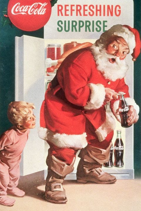 an old santa coca cola advertisement with santa claus opening a coke in front of a refrigerator