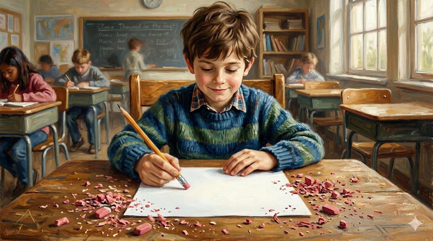 A painterly editorial illustration of a school-age boy sitting at a wooden classroom desk, looking down with quiet satisfaction at a completely blank sheet of white paper. He has erased everything that was on it. Small piles of pink eraser dust and rubber shavings are scattered around the perimeter of the sheet. He still holds a pencil in his right hand, eraser end resting downward on the desk. His expression is calm and self-satisfied — the look of someone who has just made a clean start. A painterly editorial illustration of a school-age boy sitting at a wooden classroom desk, looking down with quiet satisfaction at a completely blank sheet of white paper. He has erased everything that was on it. Small piles of pink eraser dust and rubber shavings are scattered around the perimeter of the sheet. He still holds a pencil in his right hand, eraser end resting downward on the desk. His expression is calm and self-satisfied — the look of someone who has just made a clean start.