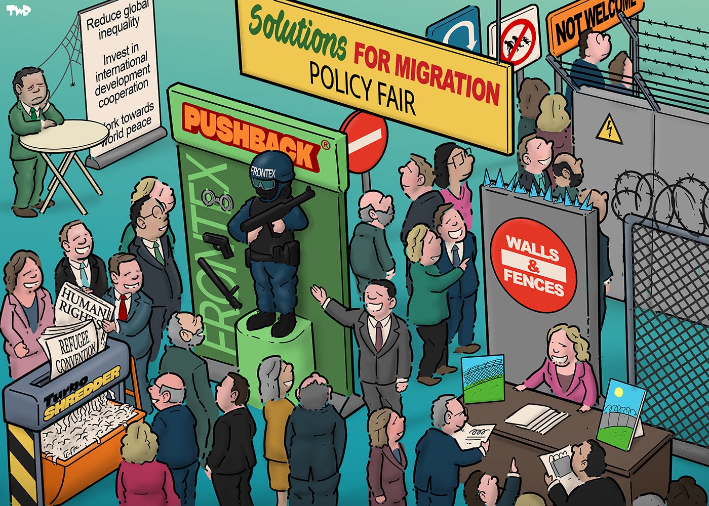 Cartoon showing a policy fair with a sign that reads 'Solutions for migration'. We see several exhibitions with vendors giving demonstrations to policy makers. One vendor is demonstrating the 'Turbo shredder' by shredding documents labeled 'Human rights' and 'Refugee convention'. Yet another is showing off different kinds of walls.One stall to the side draws no attention at all; a banner standing next to a dejected vendor reads 'Reduce global inequality; invest in international development cooperation; work towards world peace'