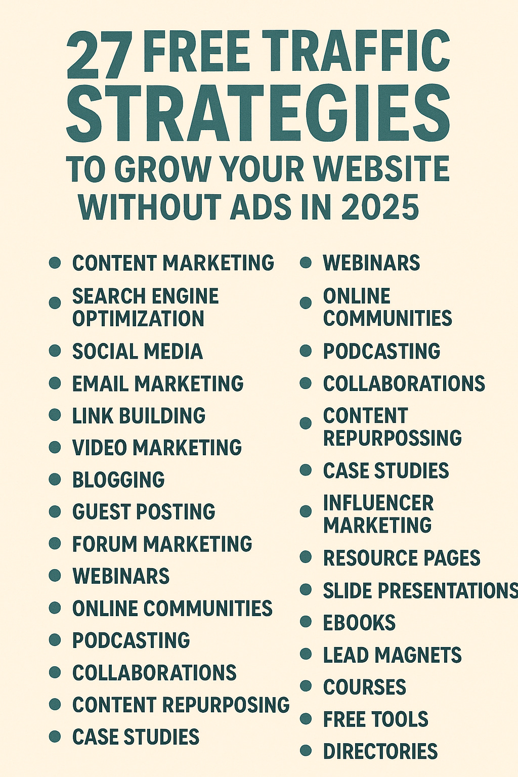 “27 free traffic strategies to grow your website without ads in 2025” “27 free traffic strategies to grow your website without ads in 2025”