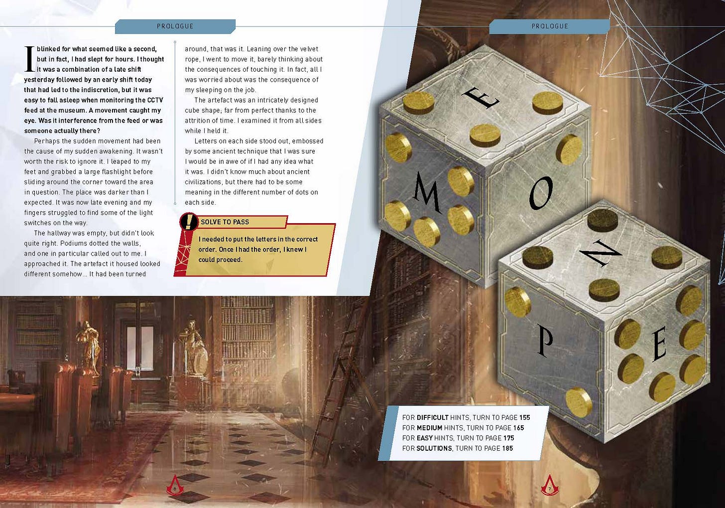 Pages six and seven of the book. The left page features a narrative that ends with puzzle to be solved before continuing. The puzzle is features on the right page, featuring a cube with letters printed on each face.