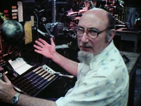 Carl Schlesinger explained the Linotype machine in David Loeb Weiss's documentary filmed in 1978, “Farewell, Etaoin Shrdlu.”