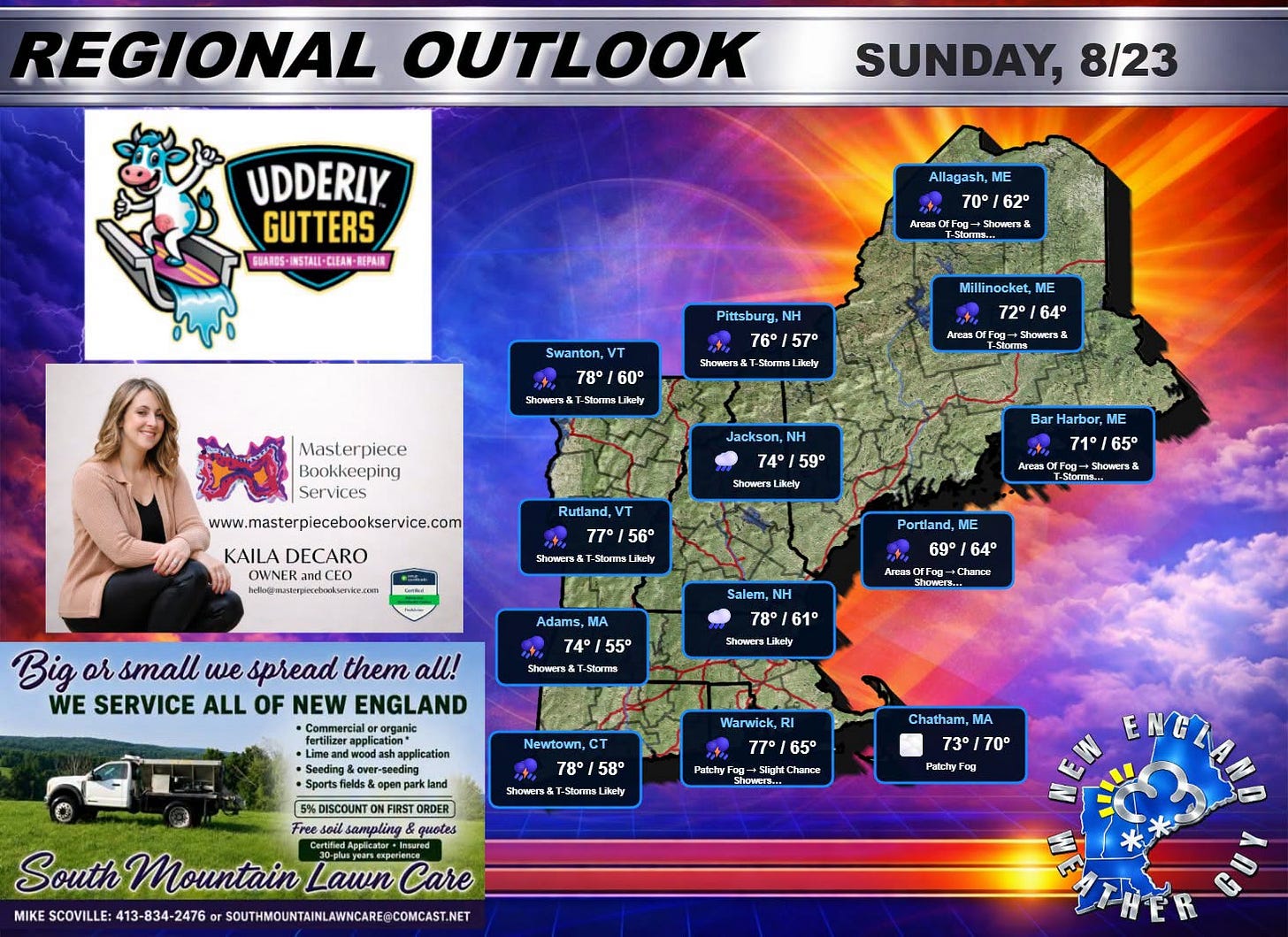 May be a graphic of map and text that says 'REGIONAL OUTLOOK SUNDAY, 8/23 UDDERLY GUTTERS BUARDS INSTALI REPAIN Allagash ME 70° 62° Areaso Swanton, VT 78° 60° Showrn& Stme| dechy Pittsburg, 76°/ 76°/57° 57° Showers& Stoems Likely Millinocket, 64° Masterpiece Bookkeeping Services www.masterpiecebookservice.com NH 74° 59° Showers KAILA DECARO OWNER Harbor, 71°/65° 65° VT 77° 56° Showers& -Storms Showers Portland ME 69° 64° Adams MA Salem, Big or small spread them all! WE SERVICE ALL OF NEW ENGLAND Caarese 55° 78° 74° Showen& Slcrma 61° Showers Newtown, 78° Warwick, RI 77°/ 65° Showers StormsU sampling PrichyFo puotes Chatham MA 73° 70° Pulchy Fog South Mountain Lawn Care SCOVILLE'