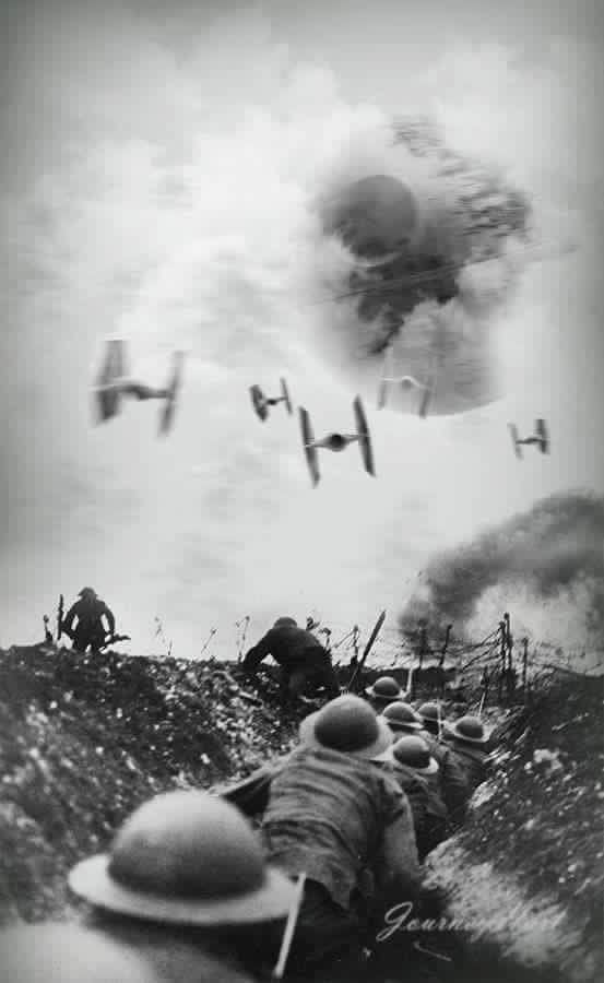 This may contain: an old black and white photo of people watching airplanes in the sky above them,