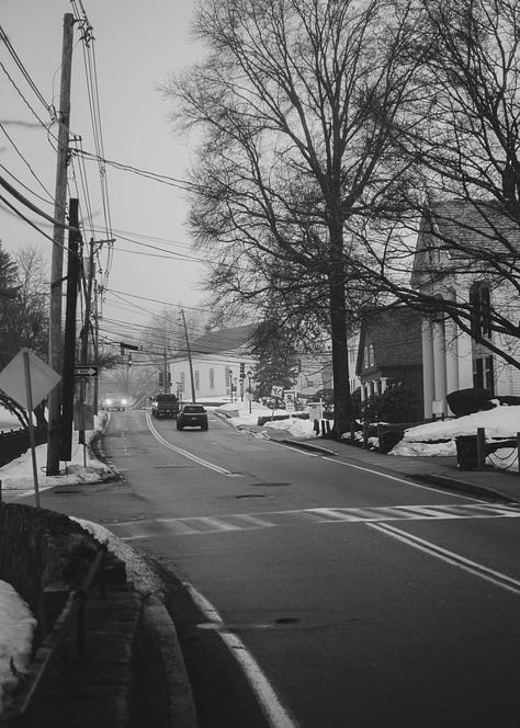 Black and white photos of the town of Natick, MA.