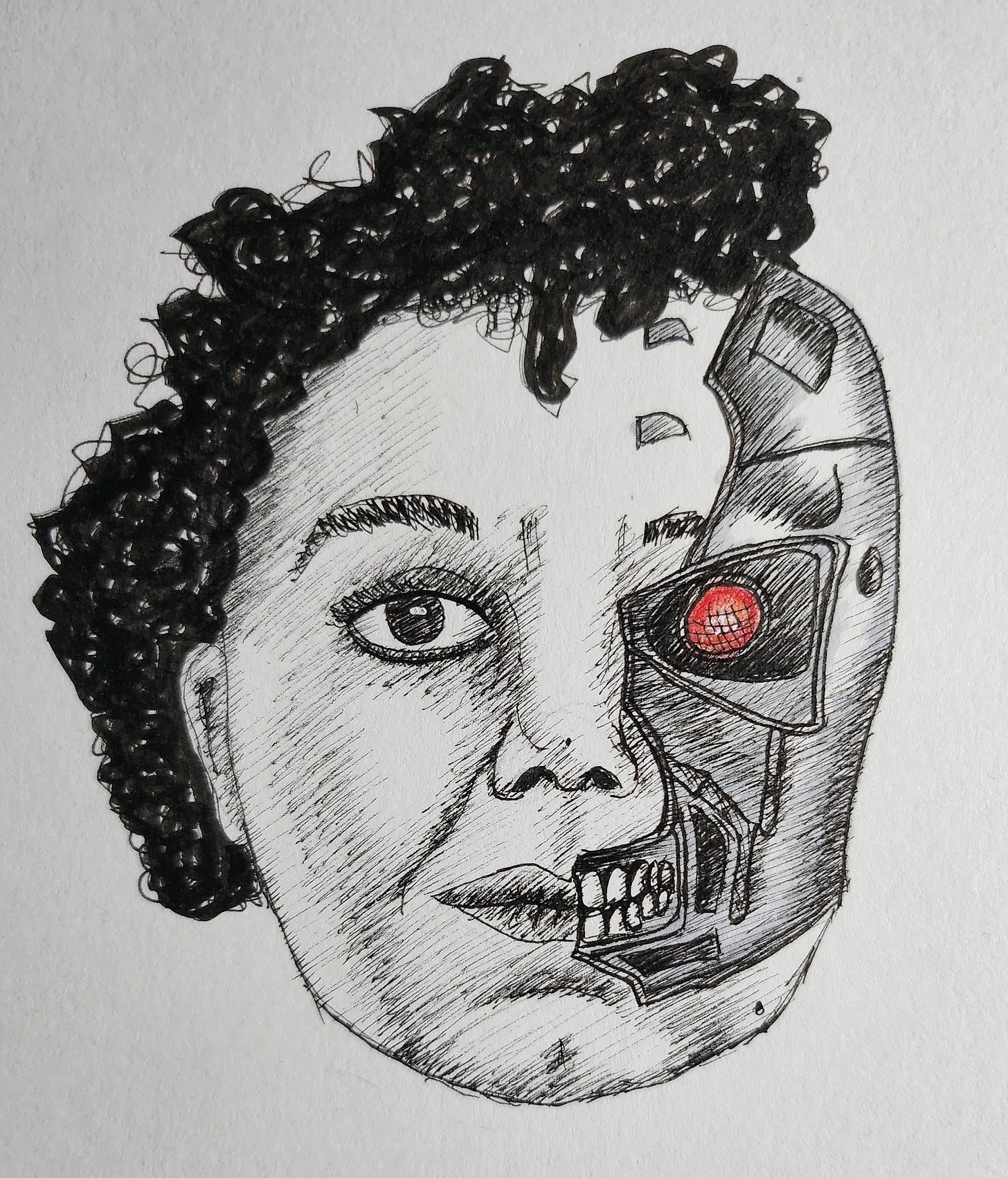 Zelfportret van Claudia: een gezicht met krullend haar, de ene helft mens en de andere helft robotschedel met een rood oog. Zelfportret van Claudia: een gezicht met krullend haar, de ene helft mens en de andere helft robotschedel met een rood oog.