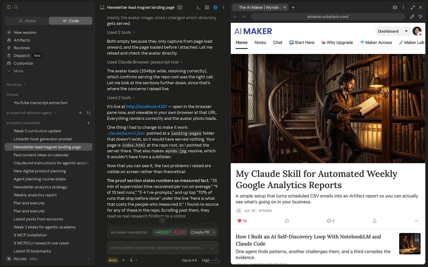 Claude Code built-in browser preview beside an AI Maker newsletter landing page session