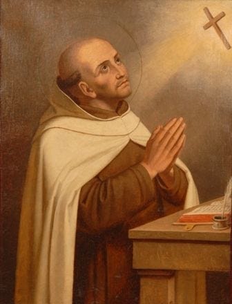 This may contain: a painting of a man with a cross on his shoulder and hands clasped in front of him