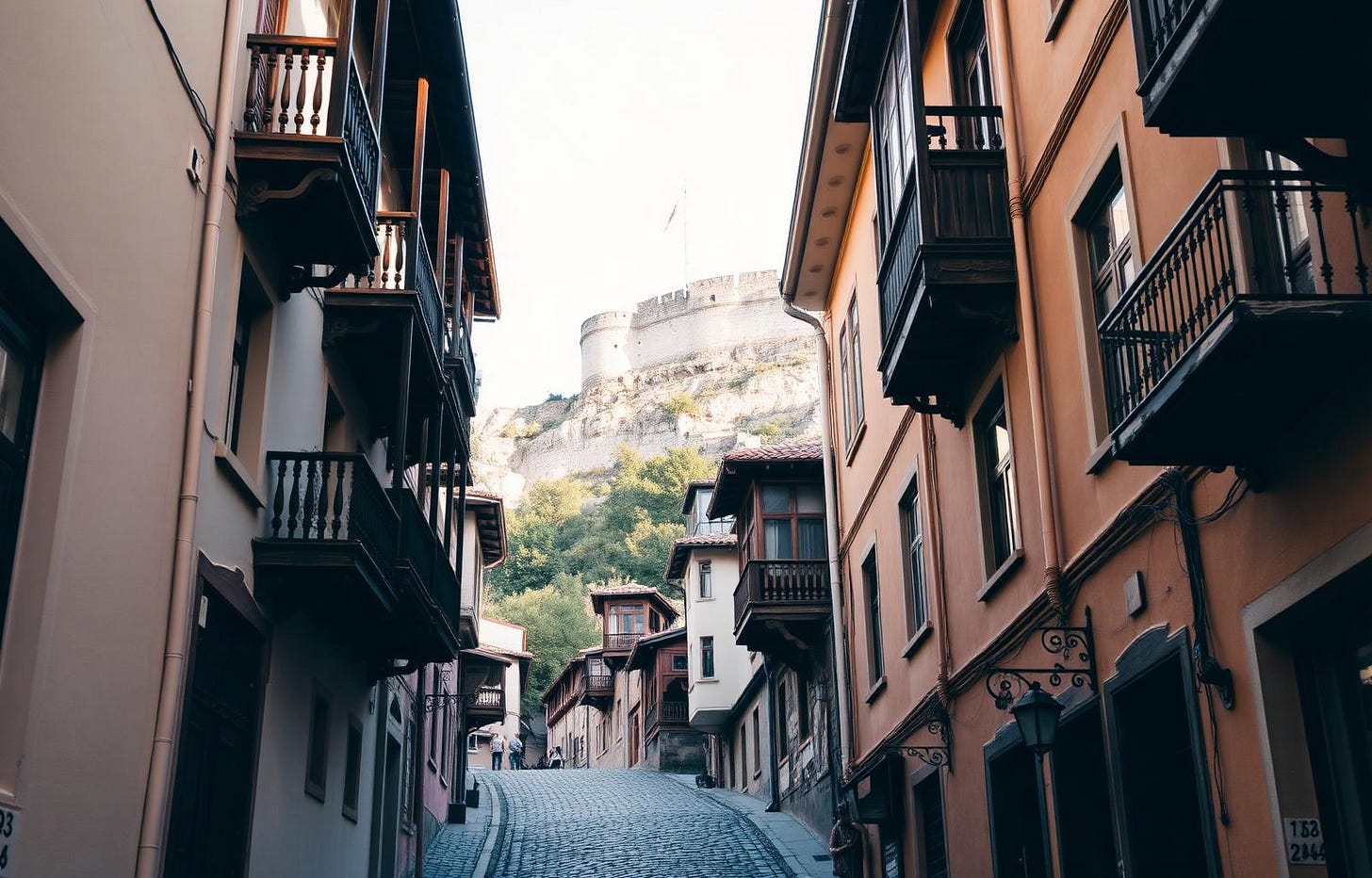 Tbilisi old town wooden balconies with Narikala Fortress in the background
