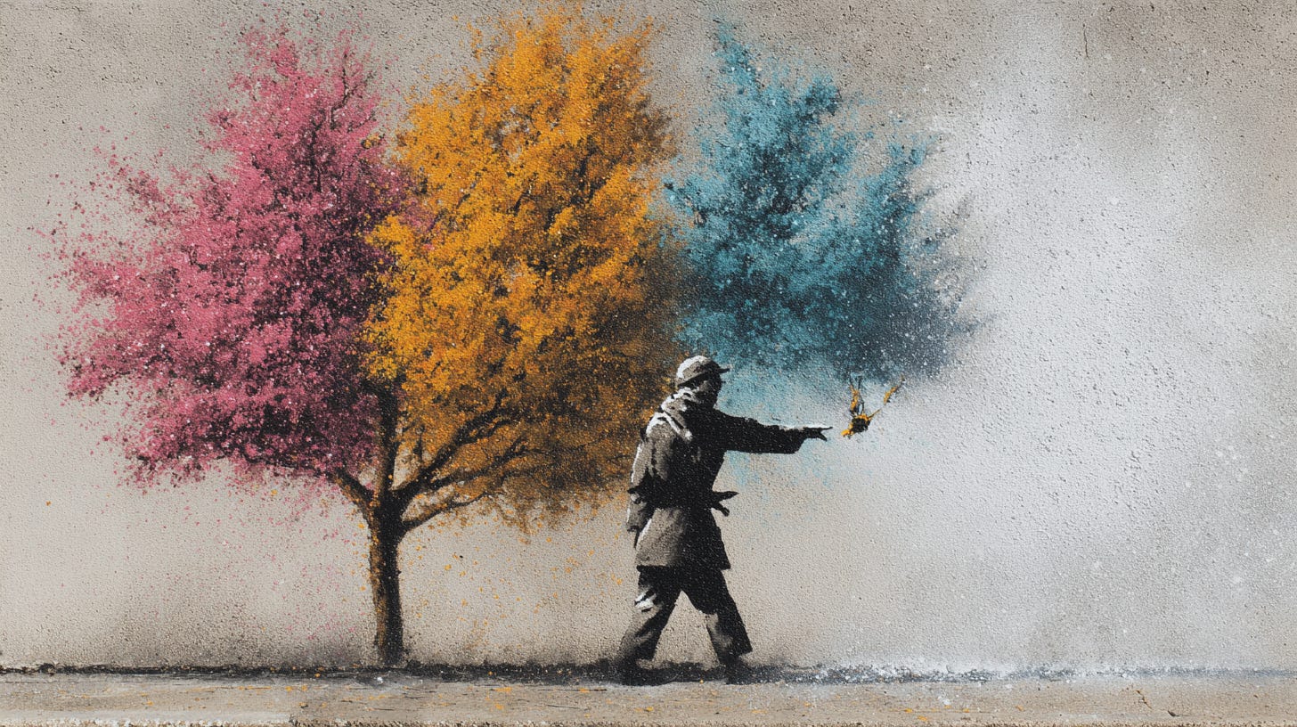 symbolizing 4 seasons and up and to the right, graphiti, spraypaint, stencil, creative, by Banksy --ar 16:9 (via Midjourney) symbolizing 4 seasons and up and to the right, graphiti, spraypaint, stencil, creative, by Banksy --ar 16:9 (via Midjourney)