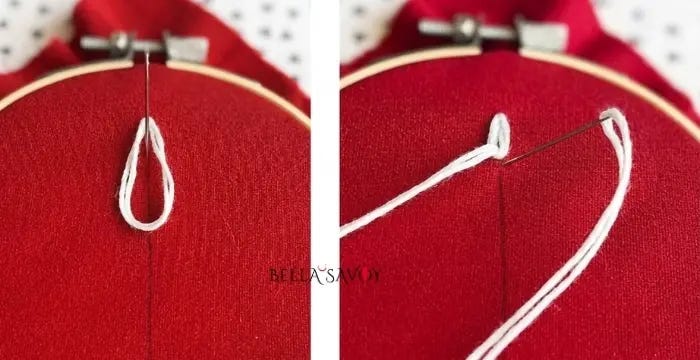 Cute Tulip Stitch Tutorial 102 lazy daisy stitch being stitched to red fabric along a vertical spine