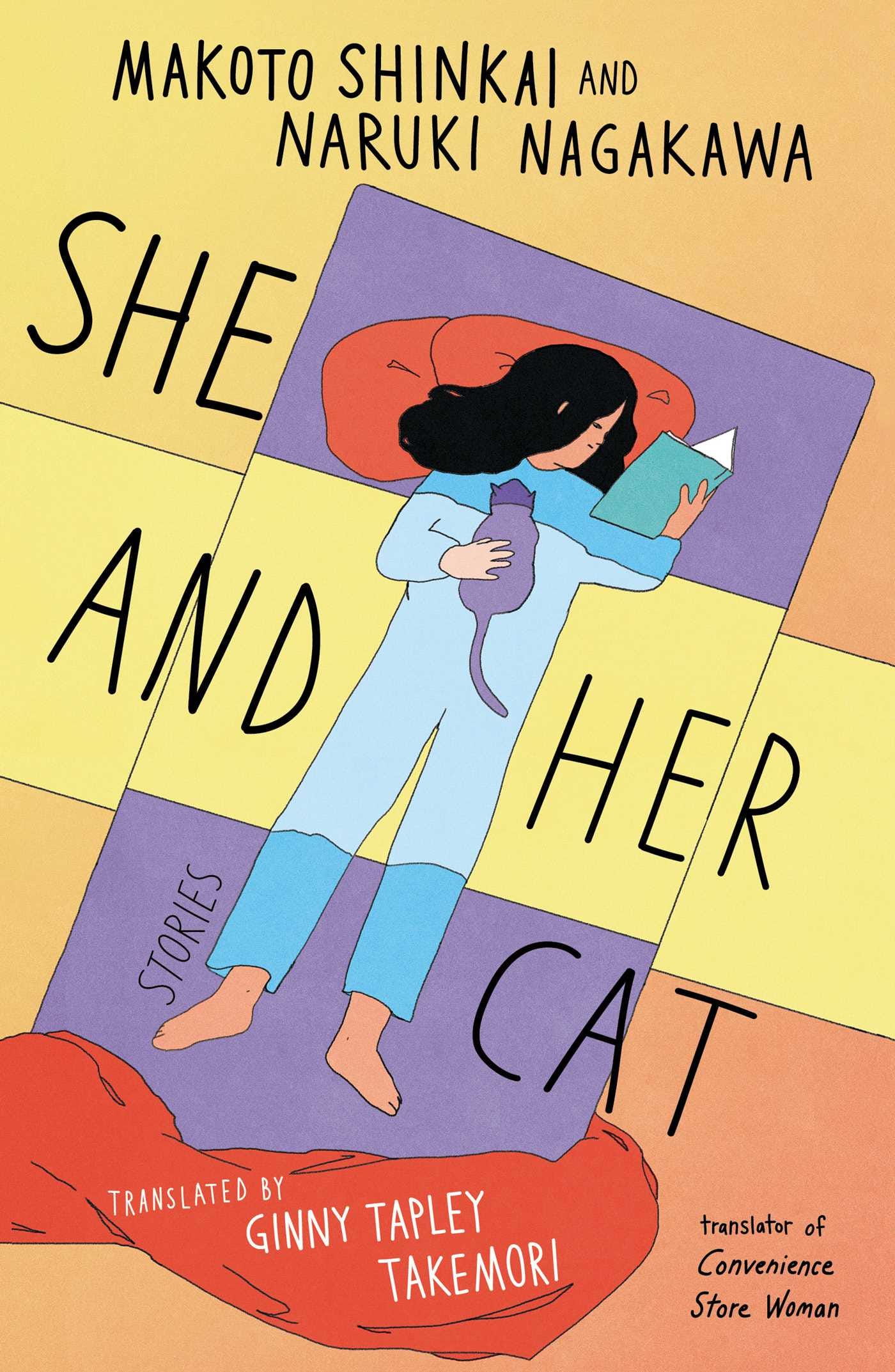 cover art for Makoto Shinkai's "She and Her Cat," featuring a woman lying on a bed reading a book with a cat lying on top of her. cover art for Makoto Shinkai's "She and Her Cat," featuring a woman lying on a bed reading a book with a cat lying on top of her.