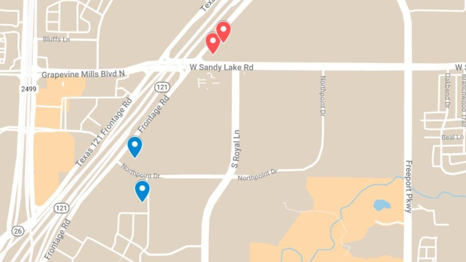 A map showing where two hotels are located along the State Highway 121 frontage road, just south of Sandy Lake Road, and where two more hotels are proposed north of Sandy Lake