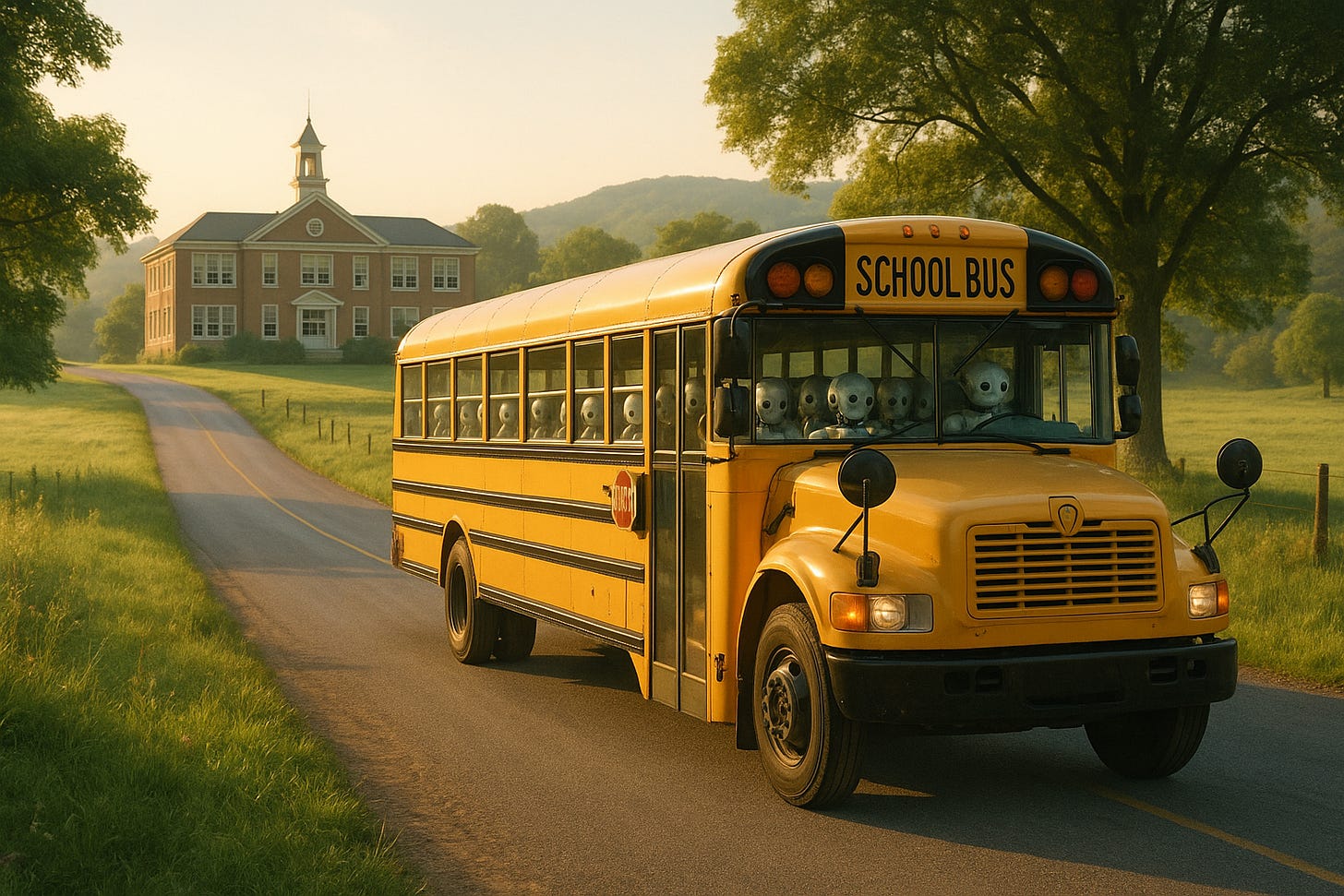 A yellow school bus is driving on a rural road toward the viewer, with a large brick school building in the background surrounded by green trees and grassy fields. The bus is filled with humanoid figures with metallic, robotic heads visible through the windows. The bus has a standard "SCHOOL BUS" sign at the top and a stop sign extended on the side. A yellow school bus is driving on a rural road toward the viewer, with a large brick school building in the background surrounded by green trees and grassy fields. The bus is filled with humanoid figures with metallic, robotic heads visible through the windows. The bus has a standard "SCHOOL BUS" sign at the top and a stop sign extended on the side.