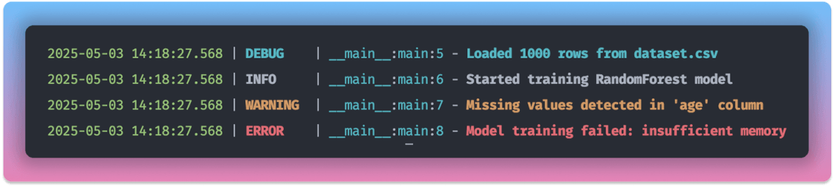 Screenshot showing colorized Loguru output with timestamps, log levels, and message content