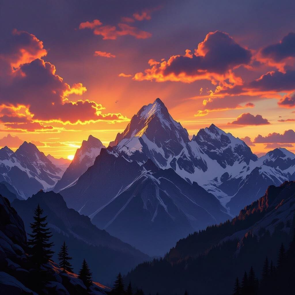 The solid, unshakeable foundation of a massive mountain range, its granite peaks catching the last fiery rays of a drama… The solid, unshakeable foundation of a massive mountain range, its granite peaks catching the last fiery rays of a drama…