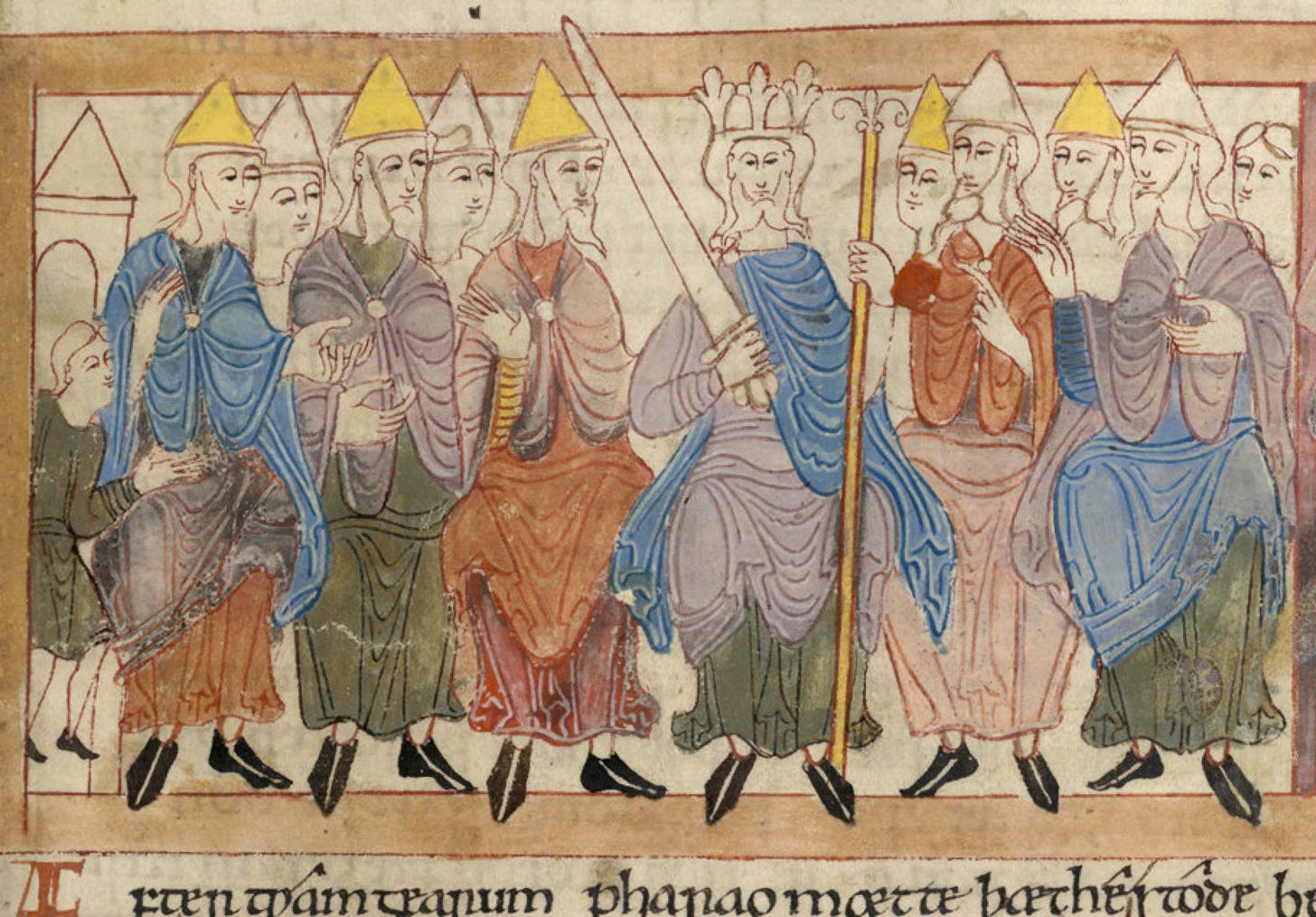 Drawing of Old Testament king and his court from the 11th-century Old English Hexateuch