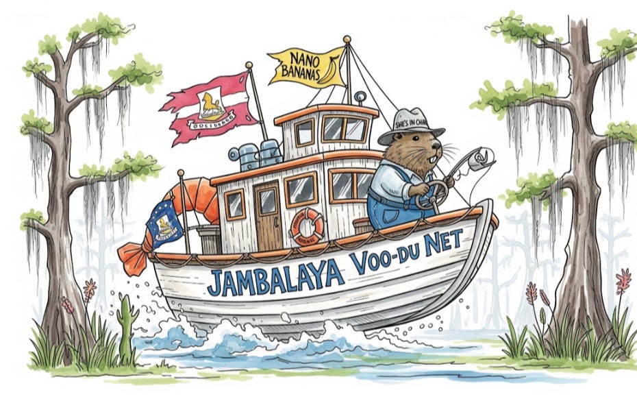 Cartoon image of shrimp boat named "Jambalaya Voo-du Net"