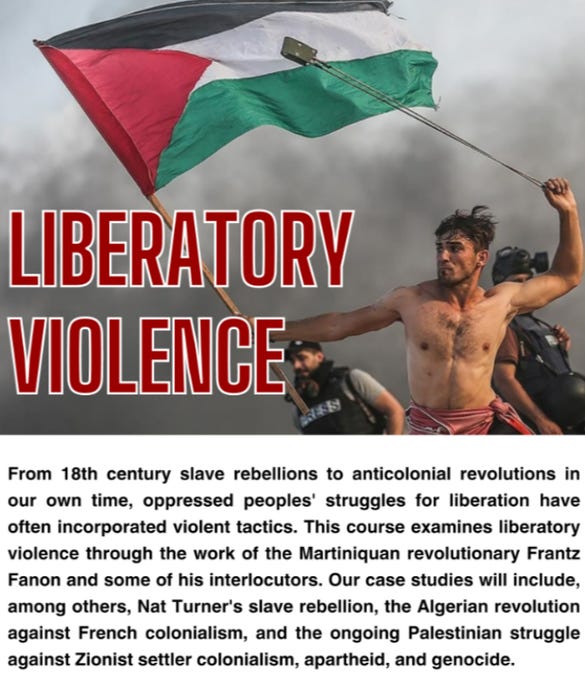 First image: A man with short dark hair and beard wearing orange-tinted round glasses, a gray flat cap, a multicolored checkered scarf, and a dark blue puffer jacket stands outdoors at dusk near brick buildings with arched structures and lit lamps, bare trees in background. Second image: A poster featuring the Palestinian flag at top, title Liberatory Violence in large red letters, a young muscular shirtless man raising his arm dynamically, smaller text discussing oppressed peoples struggles for liberation incorporating violent tactics from 18th century slave rebellions to anticolonial revolutions, course examination by Professor Alireza Doostdar including Nat Turner, French Revolution, and Palestinian revolution against Zionist settler colonialism, apartheid, and genocide.